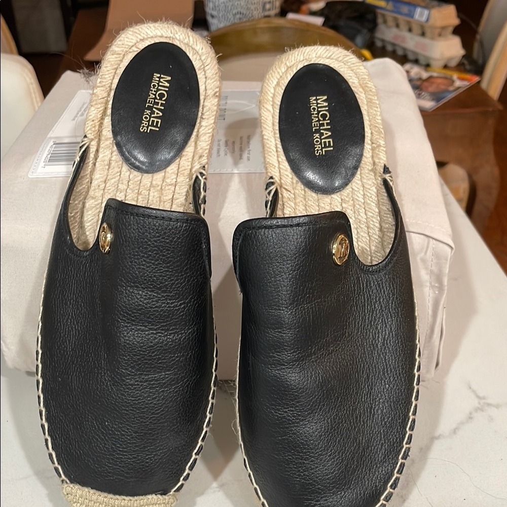 Michael Kors Black Leather Espadrille Mules